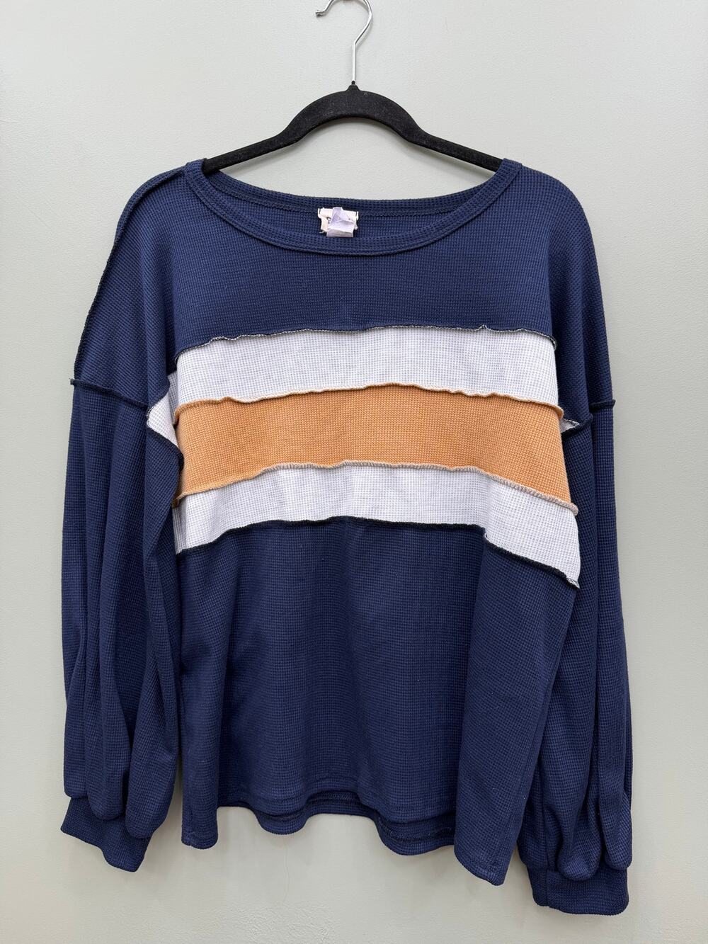 BiBi Waffle Knit Color Block Pullover Top Medium Navy Cream Camel Oversized Boho